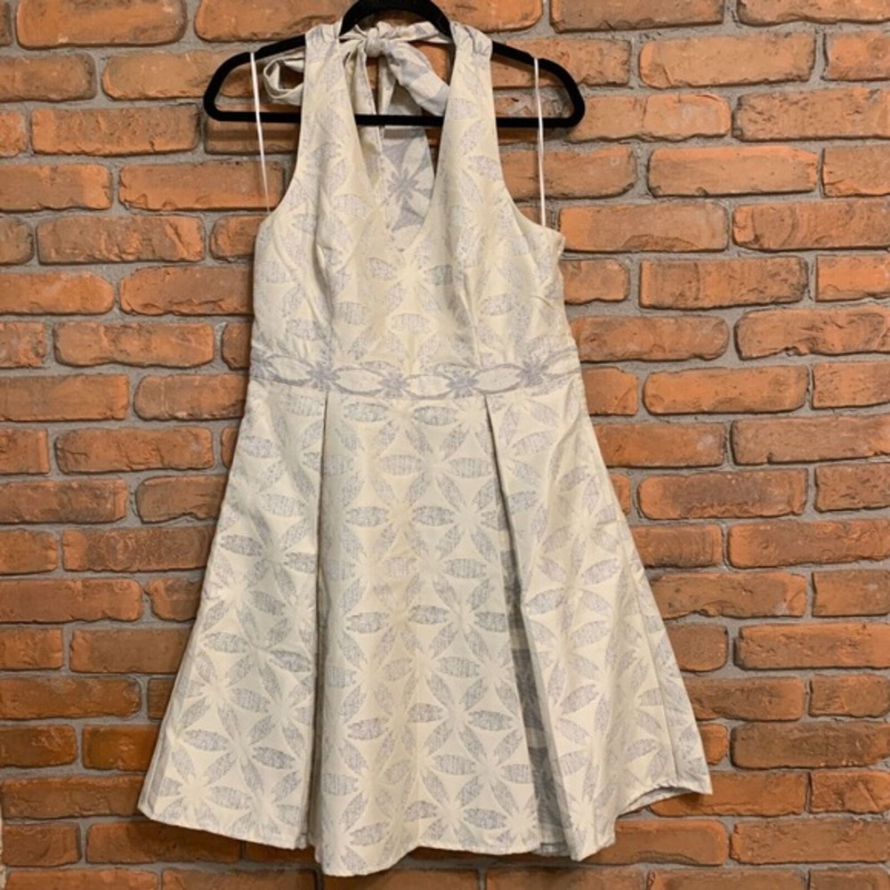 ModCloth Halter Dress Womens Size Large‎ Ivory Blue Fit & Flare Party Cocktail